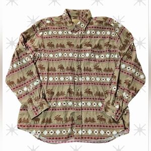 Outdoor Life Mens Aztec Moose Trees AOP Flannel Shirt Button Up Cotton XL Brown